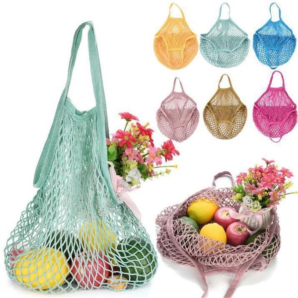 Sacos de mercearia reutilizáveis ​​portáteis Bolsas de compras de frutas Saco de compras lavável Malha de algodão de malha Bolsa orgânica Bolsa de alça curto