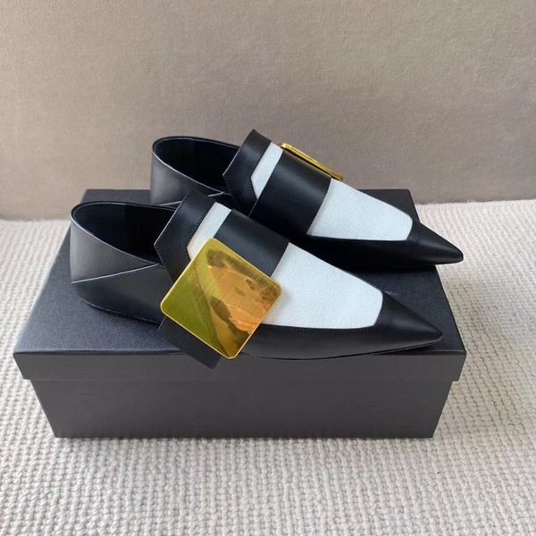 

brand designer womens shoes, autumn new catwalk models, metal square buckle, dual-use, pointed small leather flat bottom, color matching, la, Black