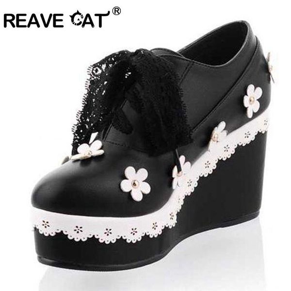 

plus size 32-48 spring summer autumn women shoes wedges platform high heel flower lace white black sweet cute ql4303 dress