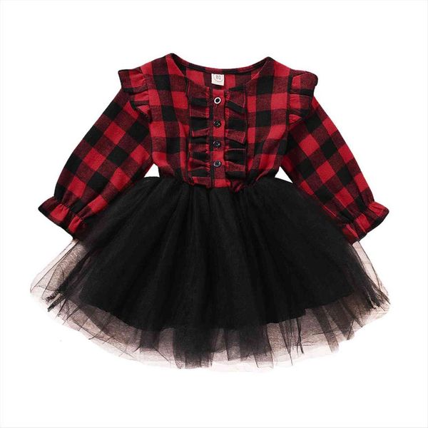 

kids baby girl mesh dress tutut christmas party long sleeve red and black white plaid with belt fall a line, Red;yellow