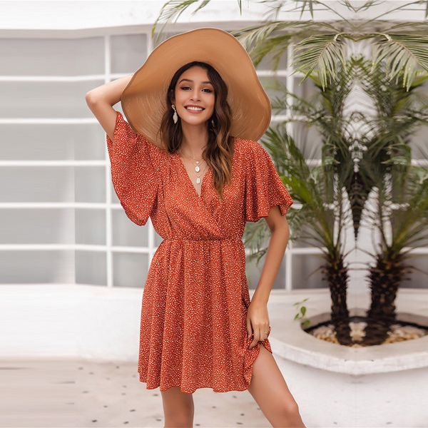 

dresses women's spring summer v neck print short ladies butterfly sleeve wasit simple fashion mini es uol5, Black;gray