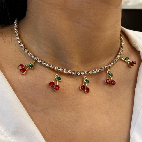 

cute luxury fruit red cherry crystal pendant necklace women rhinestone tennis chain fashion party birthday jewelry gift necklaces, Silver