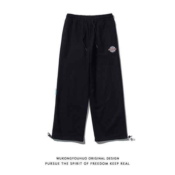 

1wukong goods simple embroidered sports pants men's fashion brand street loose casual versatile drawstring leggings, Black