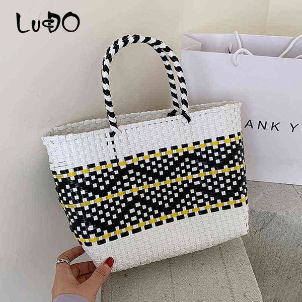 

shopping bags lucdo summer beach basket capacity heavy duty handmade woven pp plastic handbag green plaid checks teacher tote 220301
