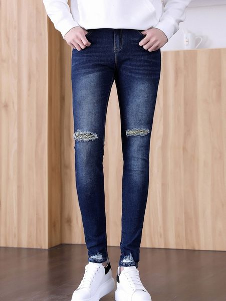 

men ripped cat whisker washed skinny jeans l1md#, Blue