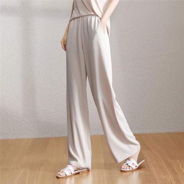 

women's pants & capris zcwxm 2021 high elastic wais summer trousers t chiffon loose casual plus size wide leg ankle-length p0425, Black;white