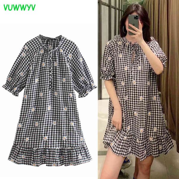 Vuwyv branco branco bordado xadrez plaga midi vestido mulheres verão shuff manga smock design mulher vestidos amarrado 210430