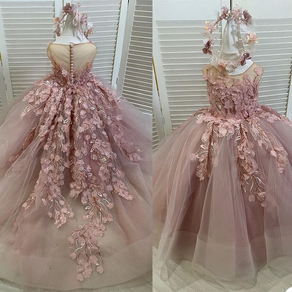 Renda linda flor meninas vestidos para casamento sem mangas até o chão d flores apliques uma linha vestido de comunhão s ress