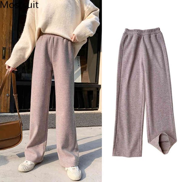 

autumn winter knitted high waist wide leg pants trousers women elastic korean straight vintage loose long 210518, Black;white