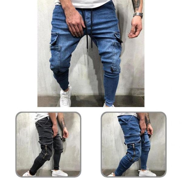 

men's jeans solid color all match cool hip-hop ankle-banded pencil pants for dating, Blue