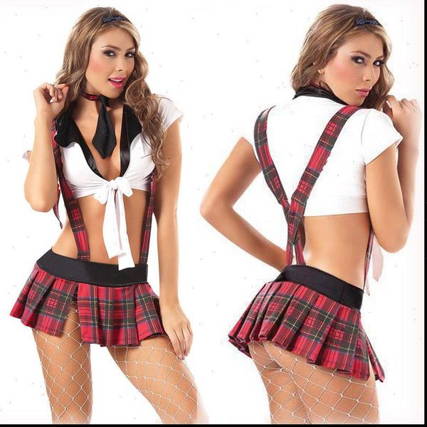 

slae fashion student womens sleepwears uniform red plaid harness school temptation game uniforms, Black;red
