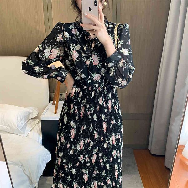 

casual dresses black pleated chiffon spring midi for women party sweet print floral long sleeve womens empire vestidos r2xh, Black;gray