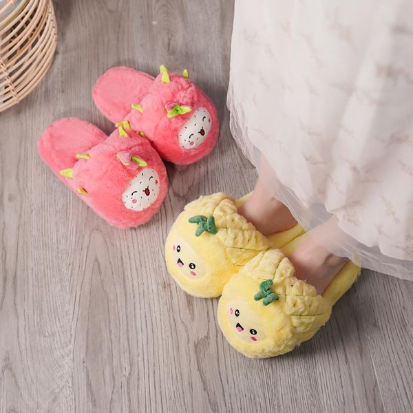 

slippers millffy winter women warm indoor ladies cute pink dragon fruit yellow pineapple woman comfort female shoes, Black