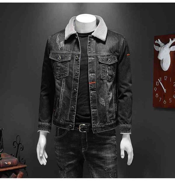 

downs winter warm men thick fleece lining denim jacket, Black
