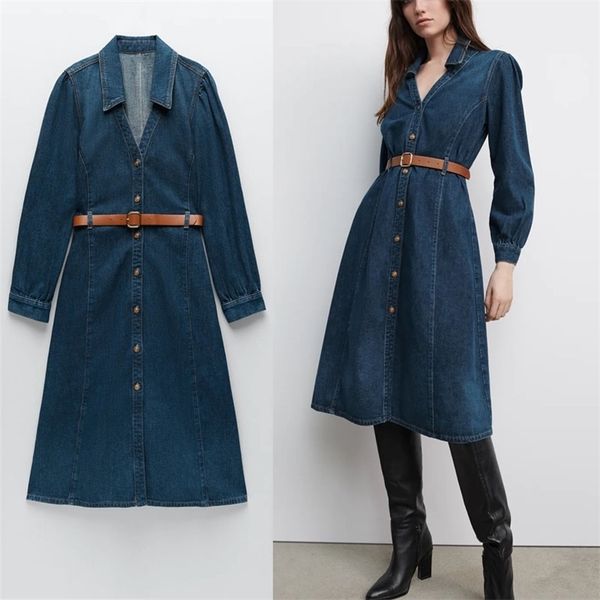 

vintage denim dress women long sleeve belt office spring es woman chic button up slim blue midi vestidos 210524, Black;gray
