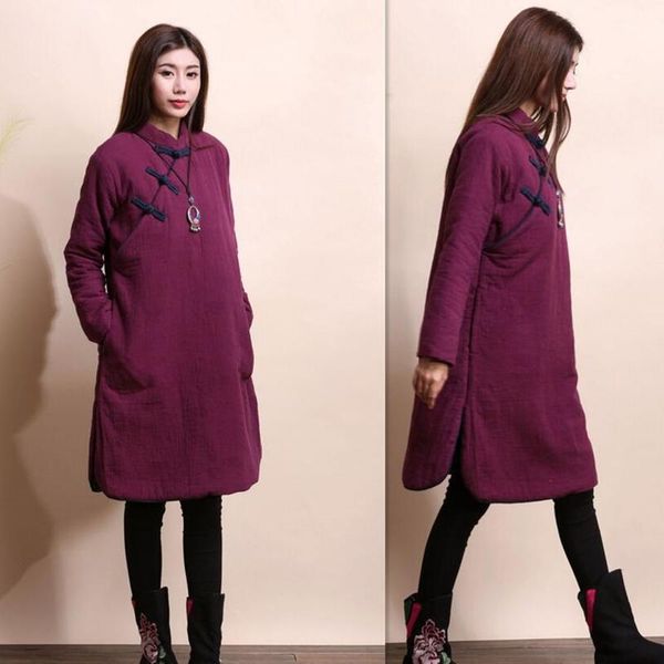 

women's down & parkas 2021 autumn and winter dress solid color coat cotton gown national style retro round hem jacquard medium length c, Black