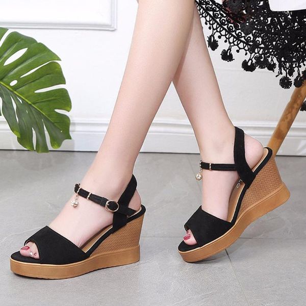 

summer women' sandals wedges shoes pearl thick bottom belt buckle roman, Black
