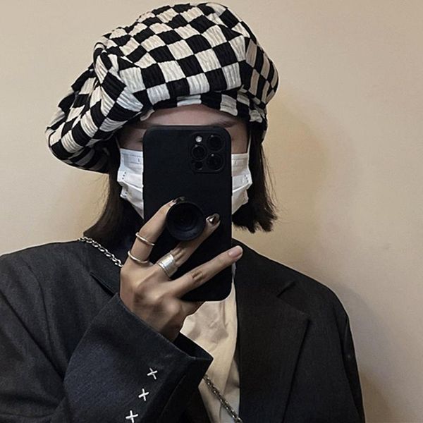 

berets women's hat checkerboard pattern corduroy beret autumn and winter retro plaid cap chic accessories chapeau femme, Blue;gray