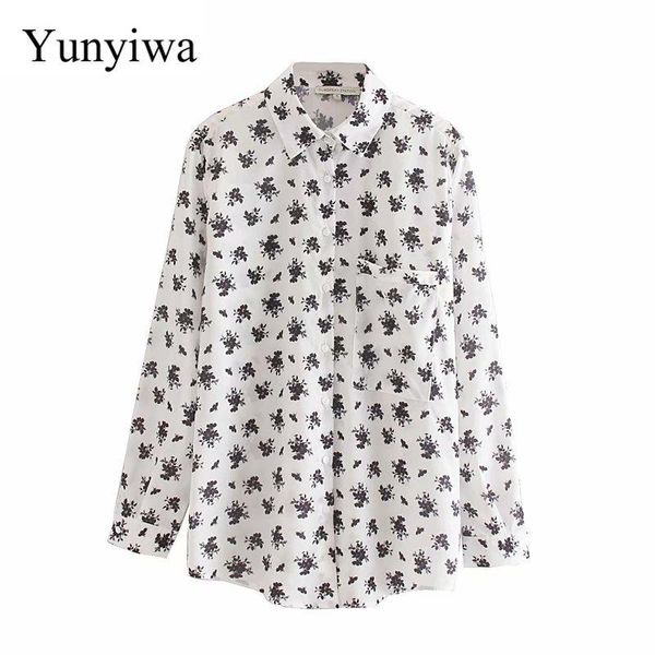 

women's blouses & shirts women elegant flower print pocket shirt office lady long sleeve chic business autumn femininas chemise, White