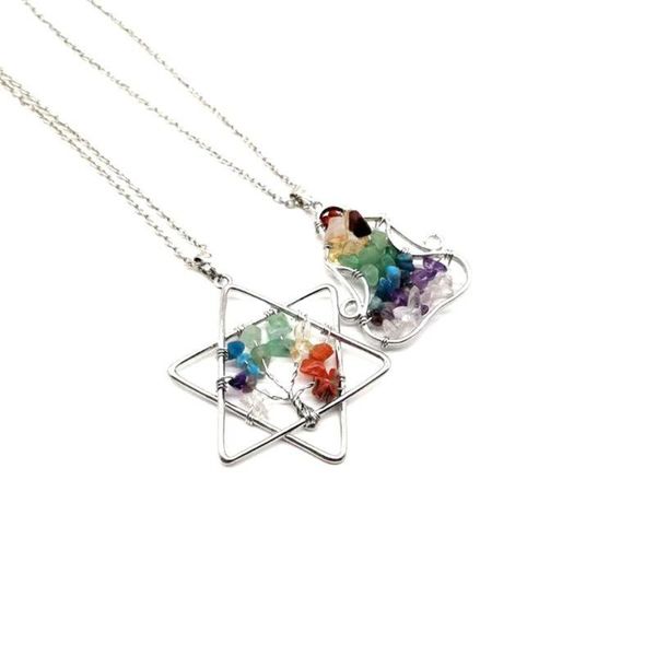 

chains tree of life pendant necklace natural stone 7 chakras yoga six pointed star handmade reiki quartz crystal women's jewelry 48mm, Silver