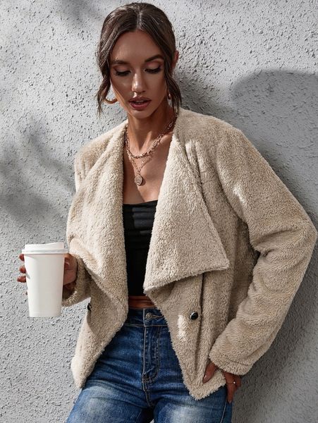 

waterfall collar fake button flannel jacket 53bu#, Black;brown