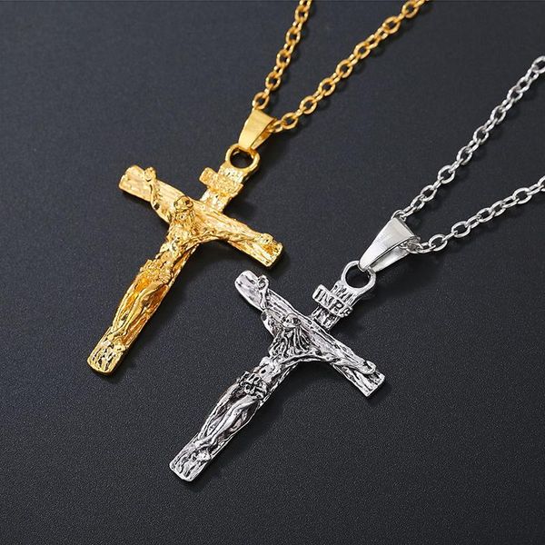 

pendant necklaces vintage men women jesus cross stainless steel crucifix link chain jewelry, Silver