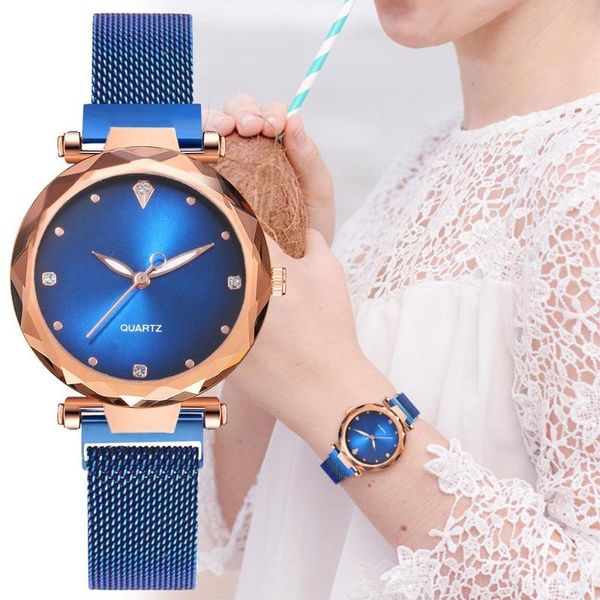 

blue small watch luxury women quartz watches rose gold fashion starry sky magnetic fake women-watches clock wristwatches, Slivery;brown