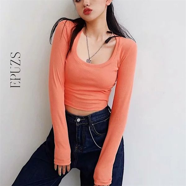 

vintage long sleeve crop women t-shirts black white cotton ladies s streetwear tshirt korean tee 210521