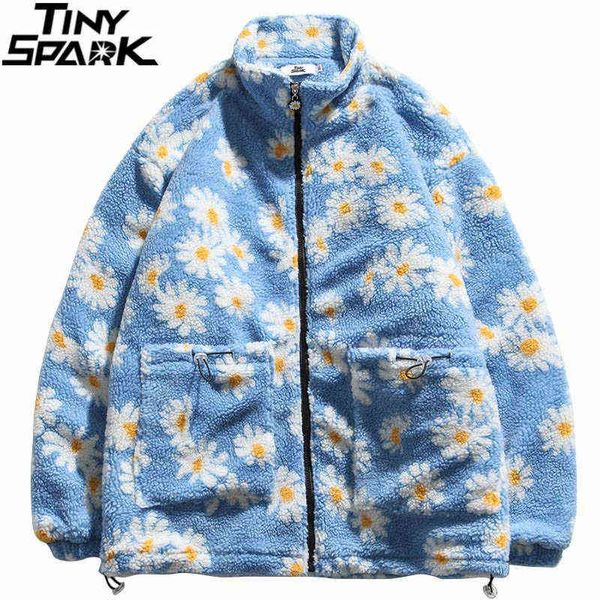 

hip hop streetwear furry jacket 2021 men daisy embroidery letter jacket coat harajuku cotton fleece jacket autumn zipper outwear y1106, Black;brown