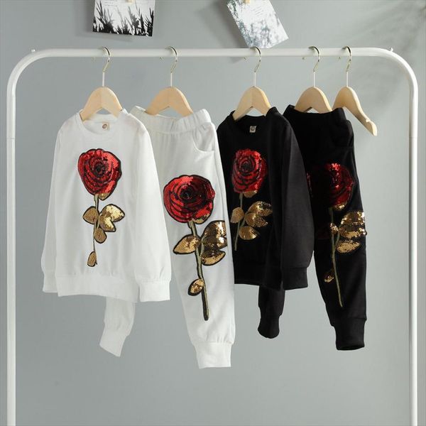 

spring autumn floral toddler kids baby girl clothes warm rose pullover sweatshirt pant 2pcs cute outfit tracksuit clothing, White