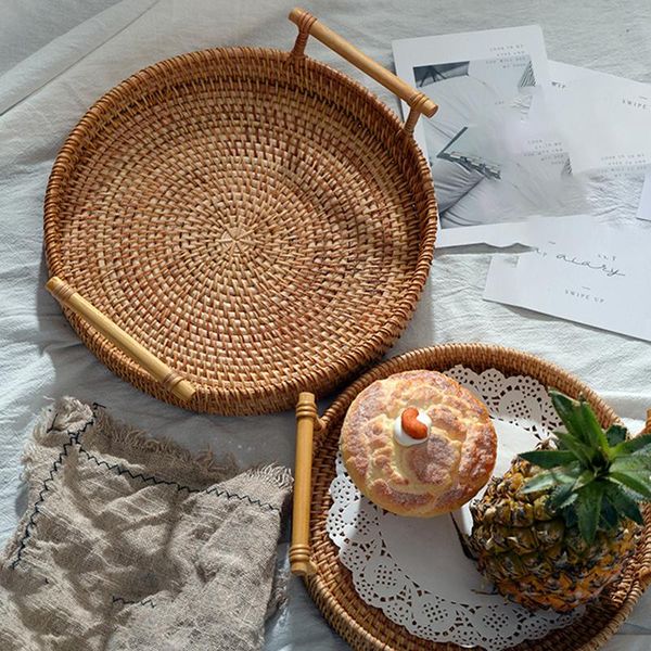 

rattan handwoven round basket serving tray storage with handles woven bread for breakfast drink snack coffee tea baskets