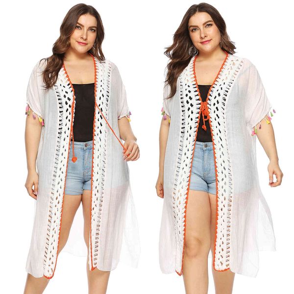 

women's plus size large hand hook splicing beach blouse lace up cardigan a1906