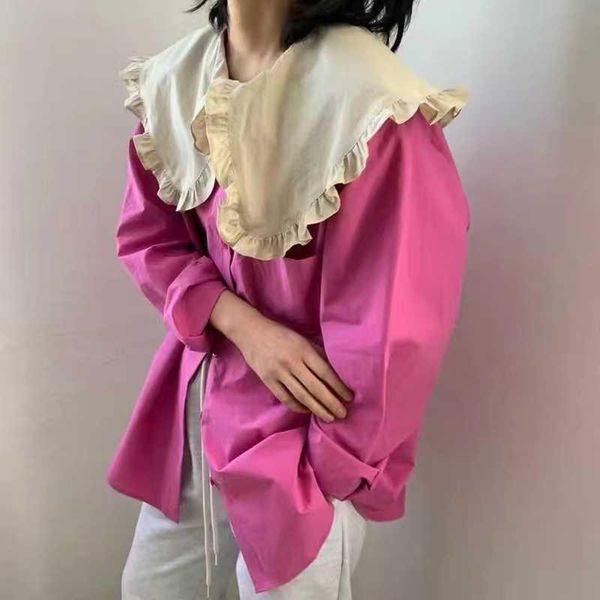 

women's blouses & shirts [ewq] korea women ruffle collar causal 2021 long sleeve chic loose green blusas camisas mujer summer 16e1013, White