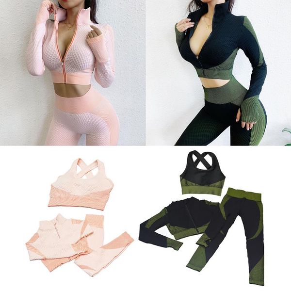 

women yoga suit set sports bra stretch pants leggings zipper crop gym wear outfit