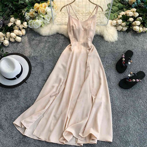 

summer vacation beach v-neck backless women midi dress sleeveless beige/purple/red/yellow strap 210426, Black;gray