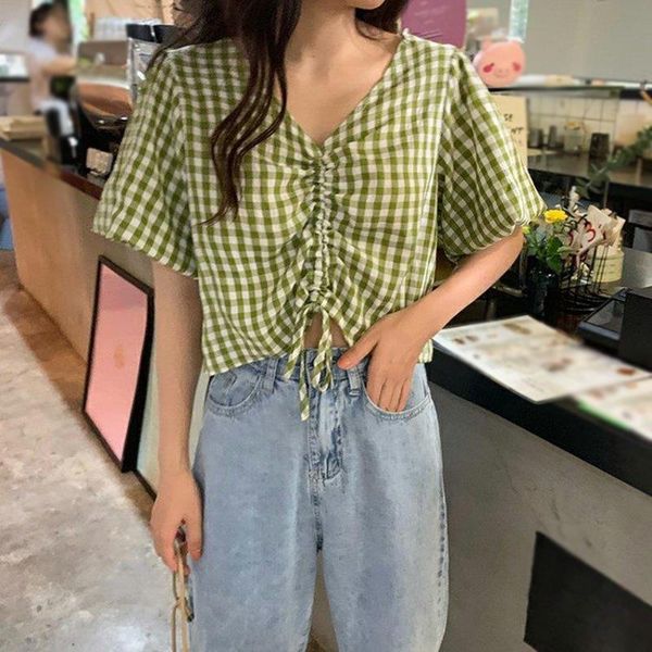 

fashion drawstring plaid blouse short sleeve summer blouses women shirts women's &, White