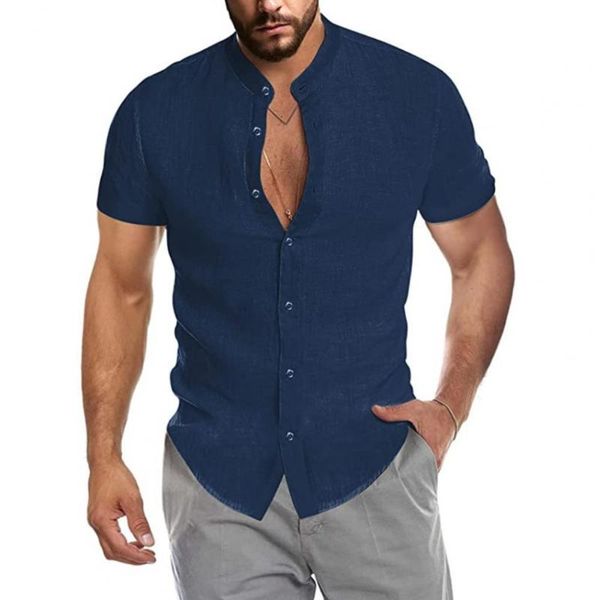 

men's casual shirts male shirt stylish short sleeve beach stand collar breathable solid color v neck pockets men buttons closure, White;black