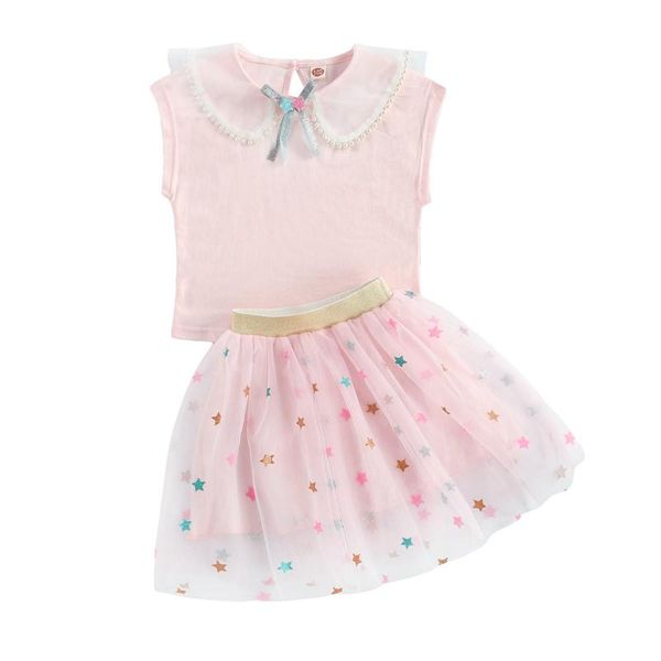 

toddler baby star printing two-pieces set infant girls' pink o-neck sleeveless t-shirt + elastic short skirt summer clothes clothing se, White