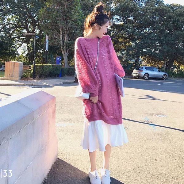 

casual dresses one-piece hollow out sweater dress women elegant autumn winter all-match knitted female pink black white knit lady, Black;gray