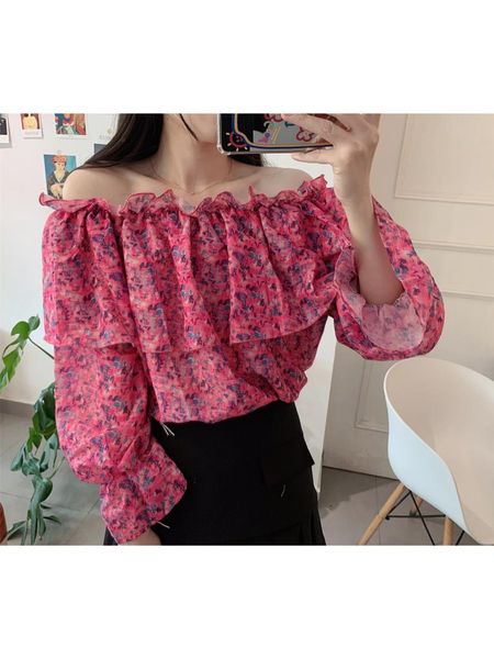 

women's blouses & shirts gentle wind one shoulder floral blouse 2021 summer trumpet sleeve exposed width loose thin chiffon top, White