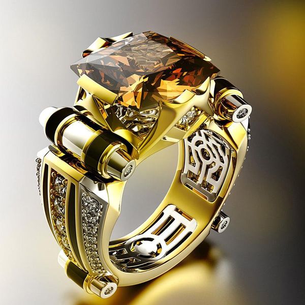 

cluster rings fashion gold geometric black zircon stone men ring punk wedding band steampunk mechanical finger for women jewelry b3t377, Golden;silver