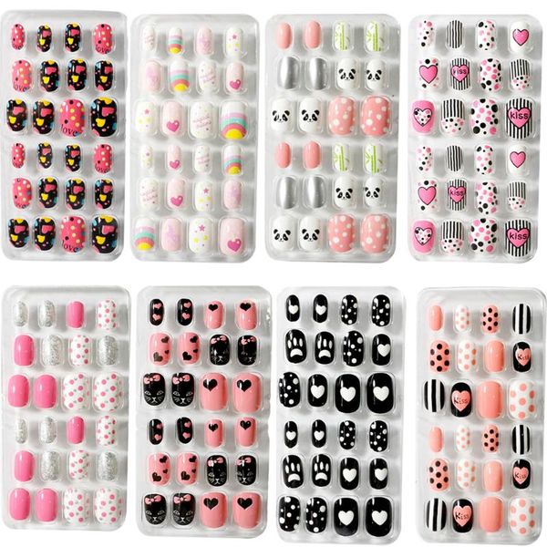 

false nails kids full cover press on self adhesive nail manicure tips candy color fake art for children 24pcs/box, Red;gold