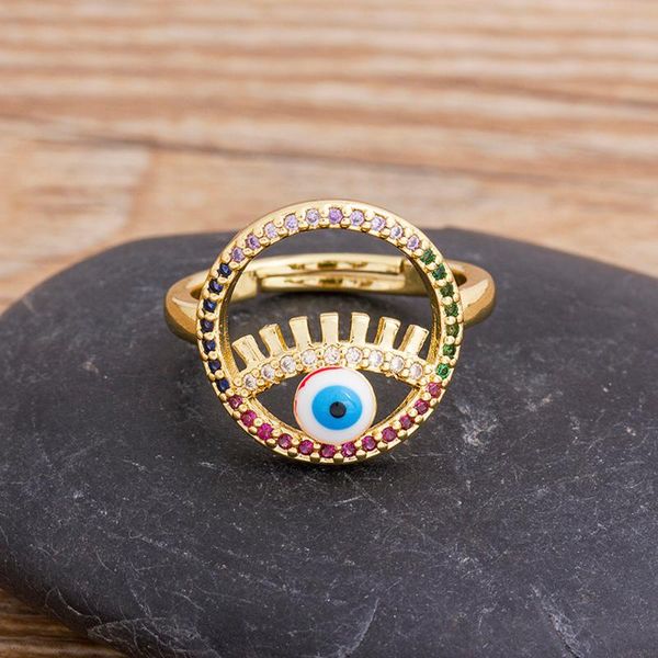 

cluster rings bohemian fashion rainbow cubic zirconia evil eye charm opening adjustable for women boho vintage gold finger jewelry, Golden;silver