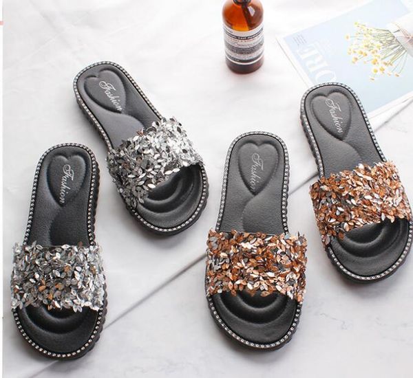 

slippers 2021 style slipper women wear fashionable leaf type flash drill versatile sequined non-slip casual outside the summ, Black