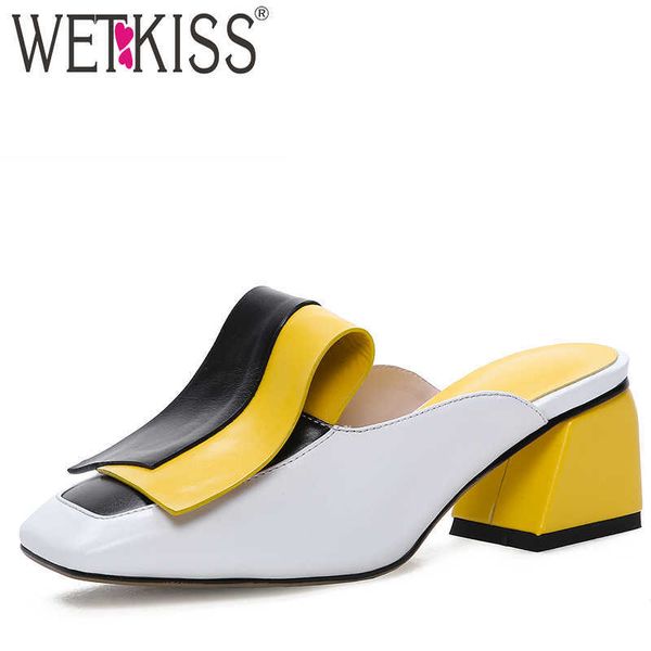 

wetkiss cow leather slippers women square toe buckle footwear high heels slides shoes female mules shoes woman summer 210630, Black