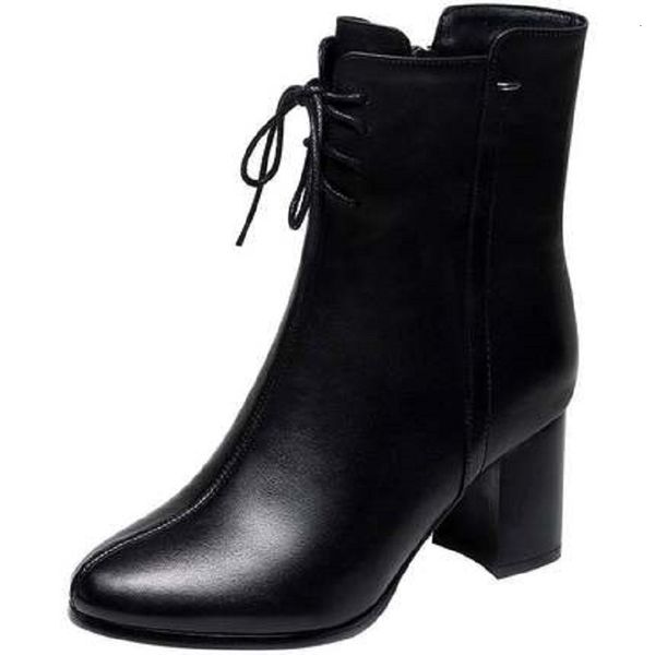 

boots short tube female spring and autumn single high heel thick with pointed martin winter plus veet horsewoman boots, Black