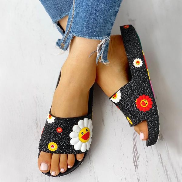 

slippers sagace 2021 summer women fashion cute flower flat shoes female non-slip indoor & outdoor print floral slipper, Black