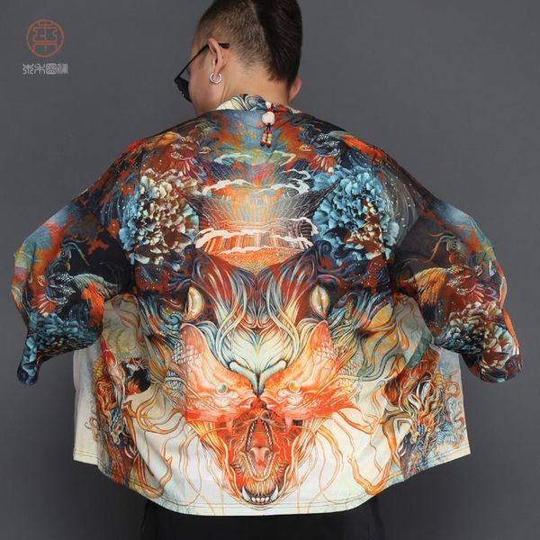 

men's jackets japan kawaii vintage kimono robe college wind koi fish animation around thin cardigan loose, Black;brown