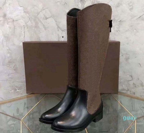 Stivali lunghi da donna a testa tonda con abbinamenti di colori alla moda Stivali da donna in pelle antiscivolo selvaggi casual da donna Scarpa da cowboy