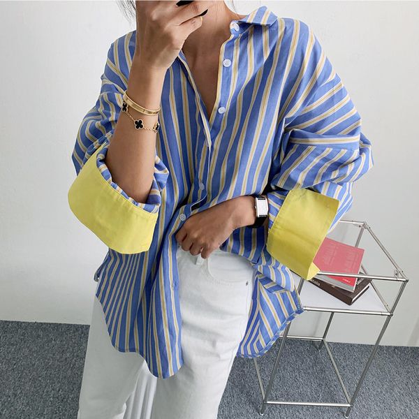 

women's blouses & shirts [ewq] korea chic summer color contrast striped trend women loose long fashion 16e1950 e4ek, White